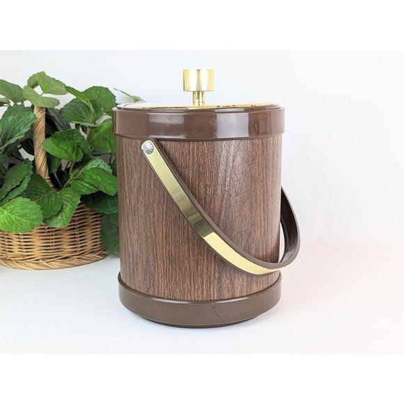 Vintage MCM Vinyl Faux Wood Ice Bucket with Lid Mid Century Barware Wine Chiller - Picture 2 of 9